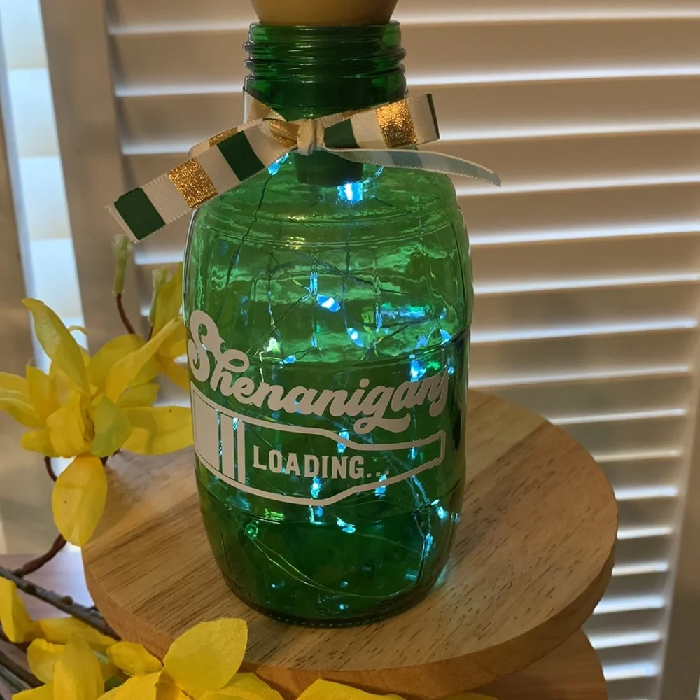 Hand Crafted- ‘Shenanigans Loading…’ green barrel solar lantern